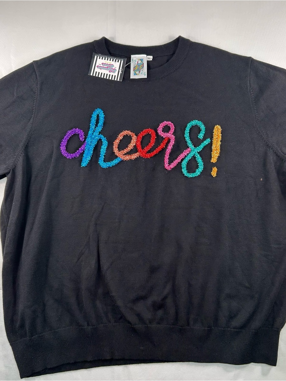 Queen of Sparkles Women’s Black Crew Neck Short Sleeve Cheers Sweater XL NWT